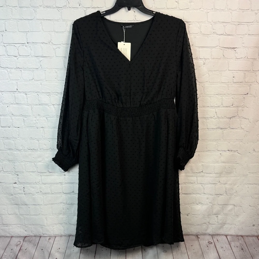 Elegant Black Dot Sheer Overlay Long Sleeve Dress Plus Size 1X - Picture 2 of 9